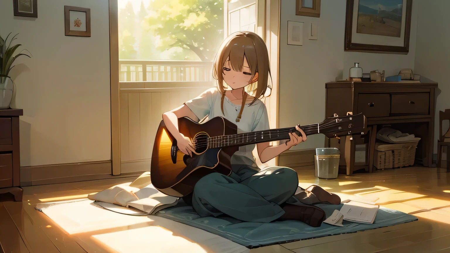 guitar、A warm summer day, spending time at home, the wind blowing gently through the window [Verse 2] I sit on the floor, my favorite spot, and let myself go with the gentle rhythm. [Chorus] This is my place, a moment of calm in the summer light in my quiet home. [Verse 3] Drinking barley tea slowly flows by, making your mind lighter. [Bridge] The outside world is noisy but here everything is gentle [Chorus] ] This is my place, the quiet home of my heart, the moment I relax in the summer light