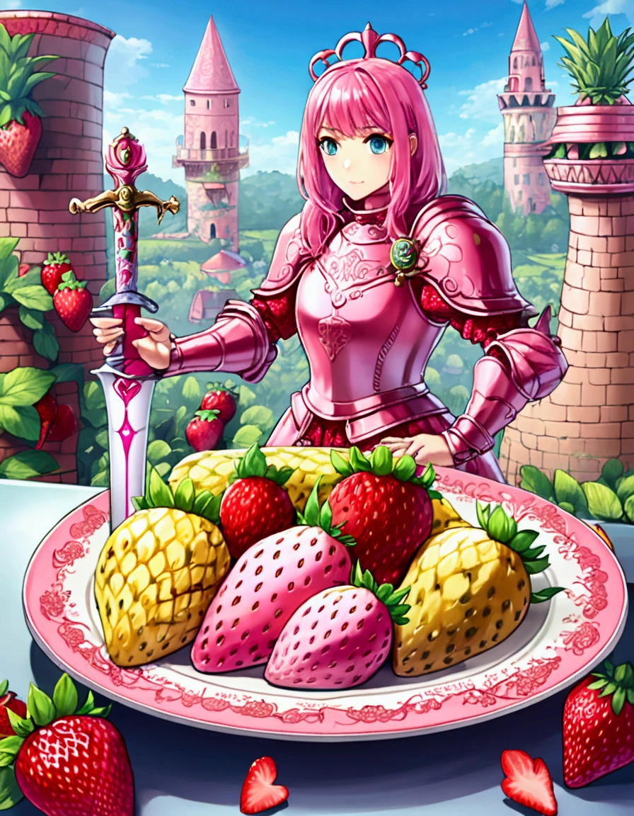 A Strawberry Knight (female, strawberry like face, strawberry themed and decorated plate mail (electric pink tint), strawberry decorated sword) standing at attention by the pineapple king, fruit salad city medieval themed
