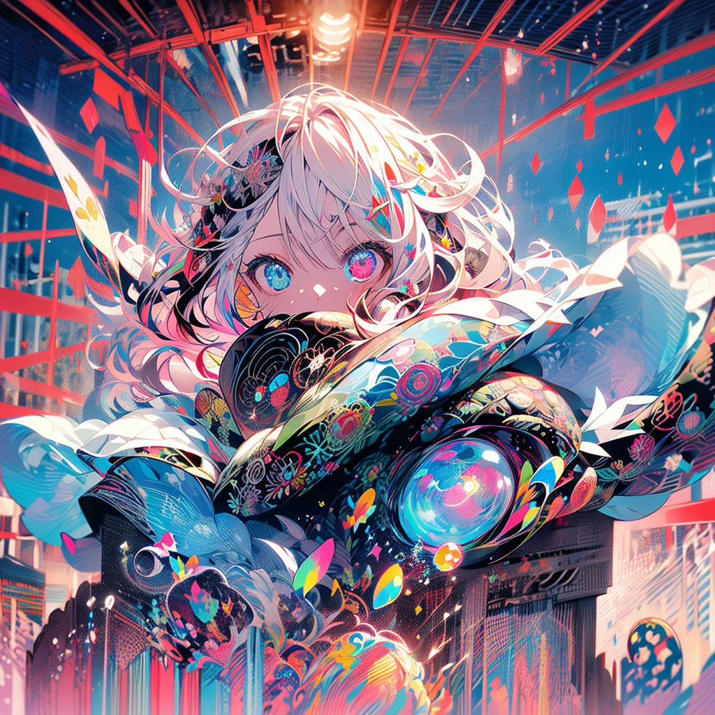 With a girl,alone, Heterochromia iridis,Red and blue eyes,Long Curly Hair,Two bangs,Pale skin, Looking at the audience,Mouth closed, Light Smile, beautiful, Very detailed目, Close-up shot,Upper Body, Wearing a jacket, Truly amazing art, Very detailed, Highest quality digital art,