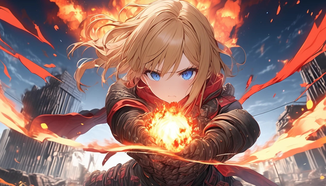 **169. One person。Passionate fight scenes。girl。Cowboy shot or close-up。masterpiece, best quality, ultra detailed (Detailed fingers), (Emotional), (Breathtakingly beautiful), (main part: 1.2 Whole body。), (Anime Style), (Very detailed), (Brutal), (超High resolution, High resolution), (8k), (High resolution: 1.2), (Complex and beautiful: 1.2)**
- background: Burning City Ruins、The building collapses。
- girl: Intricately rendered leather armor for combat、Fiery blonde hair and blue eyes。
-pose: Thrust your hands forward、The moment the giant fireball was released。
-expression: A look full of determination and passion、Eyes lock on to enemies。
- Effects: A fireball shot out of her hand、The city in the background is engulfed in flames。
-color: The gold and red flames contrast with the blue night sky.、Make an intense impression。
