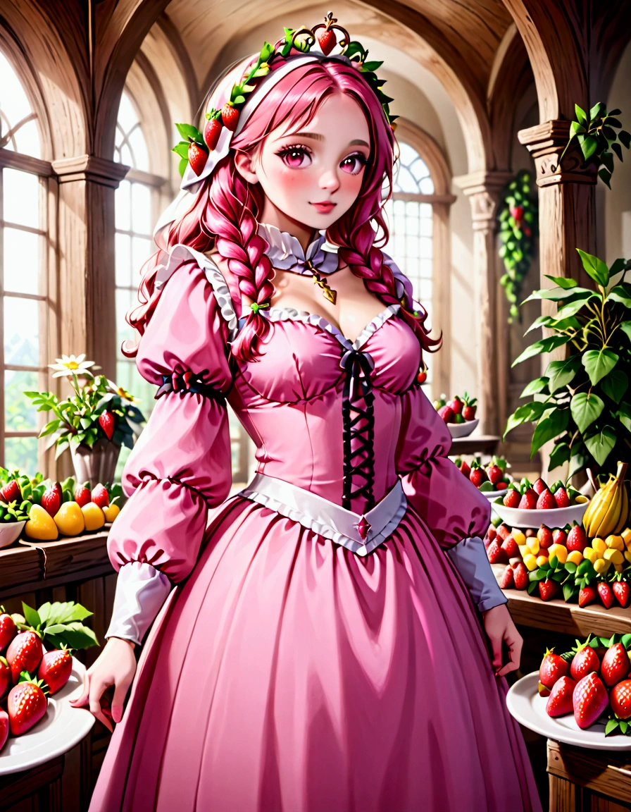 A Strawberry Knight (female, strawberry like face, strawberry themed and decorated plate mail (electric pink tint), strawberry decorated sword) standing at attention by the pineapple king, fruit salad city medieval themed
