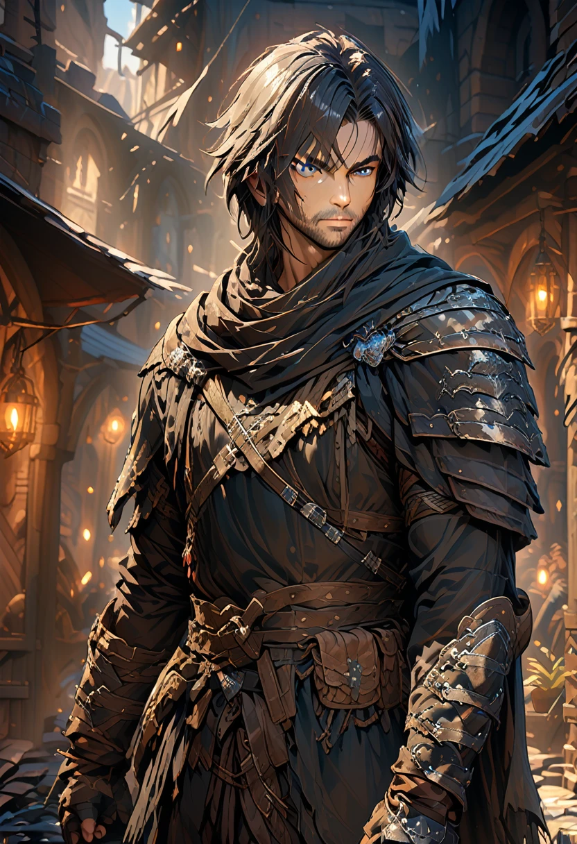 (Extremely Detailed Unreal Engine Wallpaper,masterpiece),(better lighting, best shadow, an extremely delicate and beautiful),(1 young boy),blue eyes, dark hair,athletic body but not muscular, medieval warrior, blue and black armor,neck seal, embarked on a futuristic ship sailing the seas, dynamic pose, detailed machinery, Elegant design. Armed with a spear in one arm, On his right arm he carries very heavy defensive mitts and shoulder pads., just like their heavy greaves and heavy knee pads. Their clothes are blue with a Mediterranean style., highlights the straps that are loose throughout the suit.