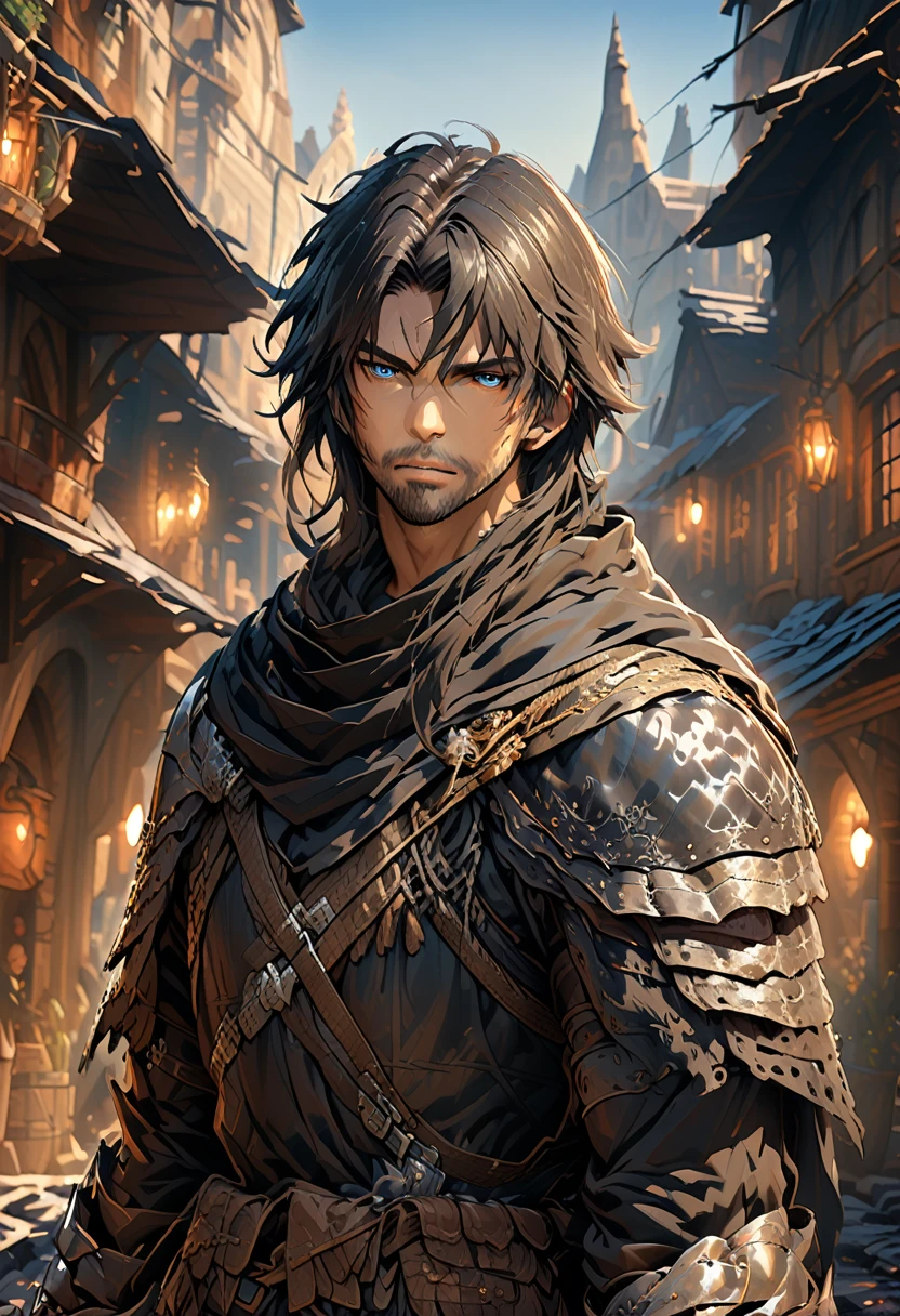 (Extremely Detailed Unreal Engine Wallpaper,masterpiece),(better lighting, best shadow, an extremely delicate and beautiful),(ung boy),blue eyes, dark hair,athletic body but not muscular, medieval warrior, blue and black armor,neck seal, embarked on a futuristic ship sailing the seas, dynamic pose, detailed machinery, Elegant design. Armed with a spear in one arm, On his right arm he carries very heavy defensive mitts and shoulder pads., just like their heavy greaves and heavy knee pads. Their clothes are blue with a Mediterranean style., highlights the straps that are loose throughout the suit.