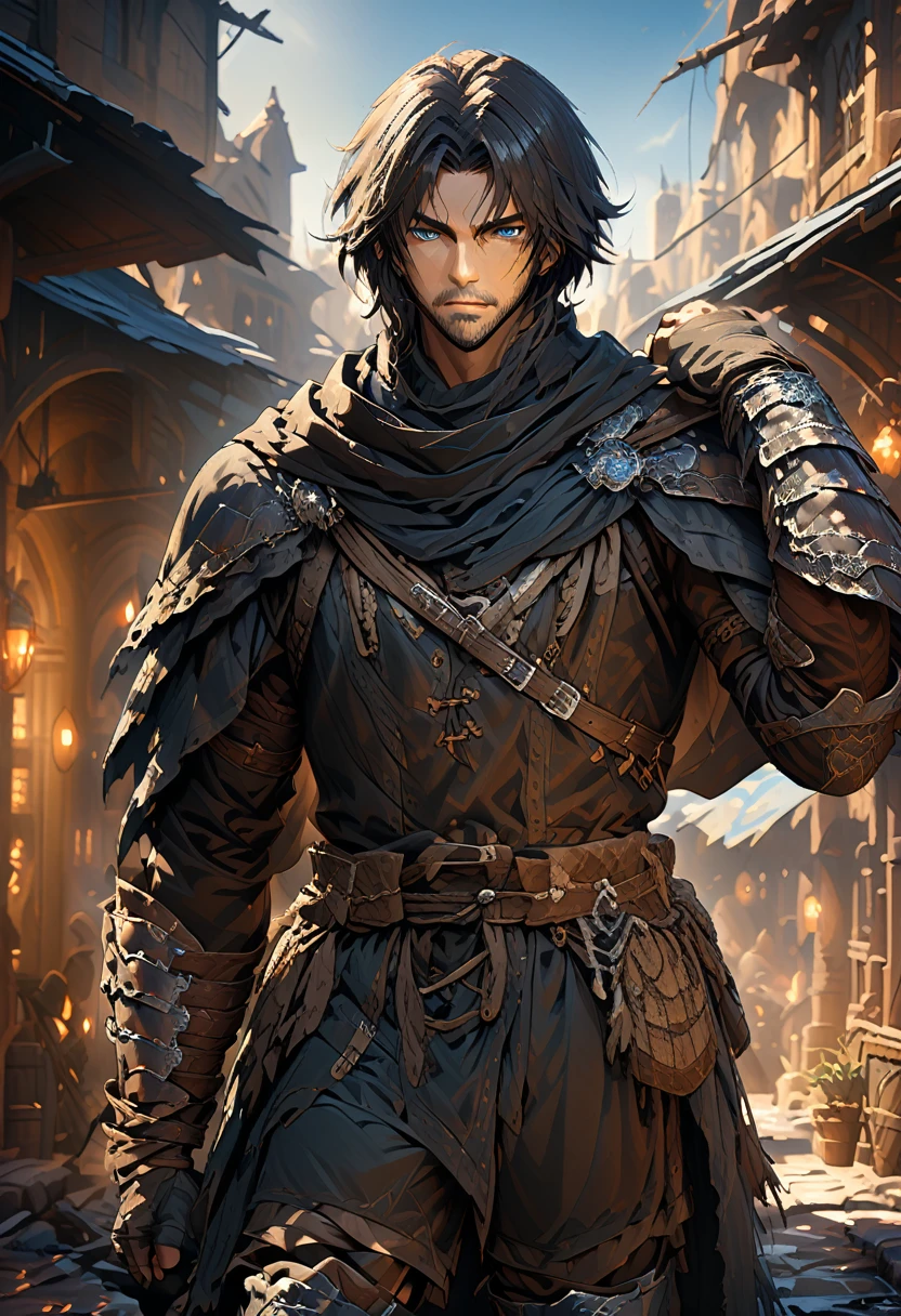 (Extremely Detailed Unreal Engine Wallpaper,masterpiece),(better lighting, best shadow, an extremely delicate and beautiful),(1 young boy),blue eyes, dark hair,athletic body but not muscular, medieval warrior, blue and black armor,neck seal, embarked on a futuristic ship sailing the seas, dynamic pose, detailed machinery, Elegant design. Armed with a spear in one arm, On his right arm he carries very heavy defensive mitts and shoulder pads., just like their heavy greaves and heavy knee pads. Their clothes are blue with a Mediterranean style., highlights the straps that are loose throughout the suit.