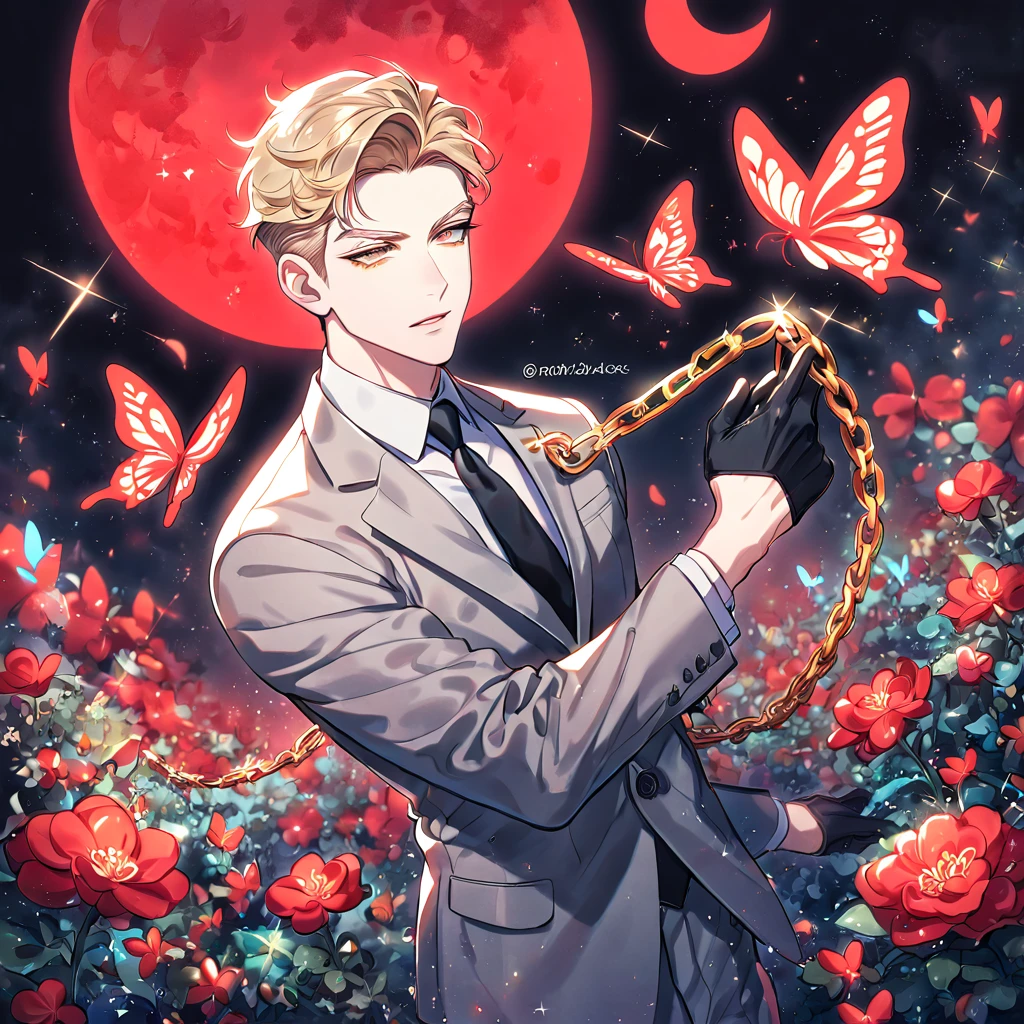 (absurdres, highres, ultra detailed, HDR) master piece, best quality, Sung Hyunjae, ash-blonde hair, expressive yellow eyes, blonde eyelashes, The S-Classes That I Raised, solo, a sexy man holding a golden chain, handsome, sensual, gray suit, black necktie, white shirt, black gloves, fantasy, magical, glittering, shining, red water, red moon, red flowers, red butterflies, garden
