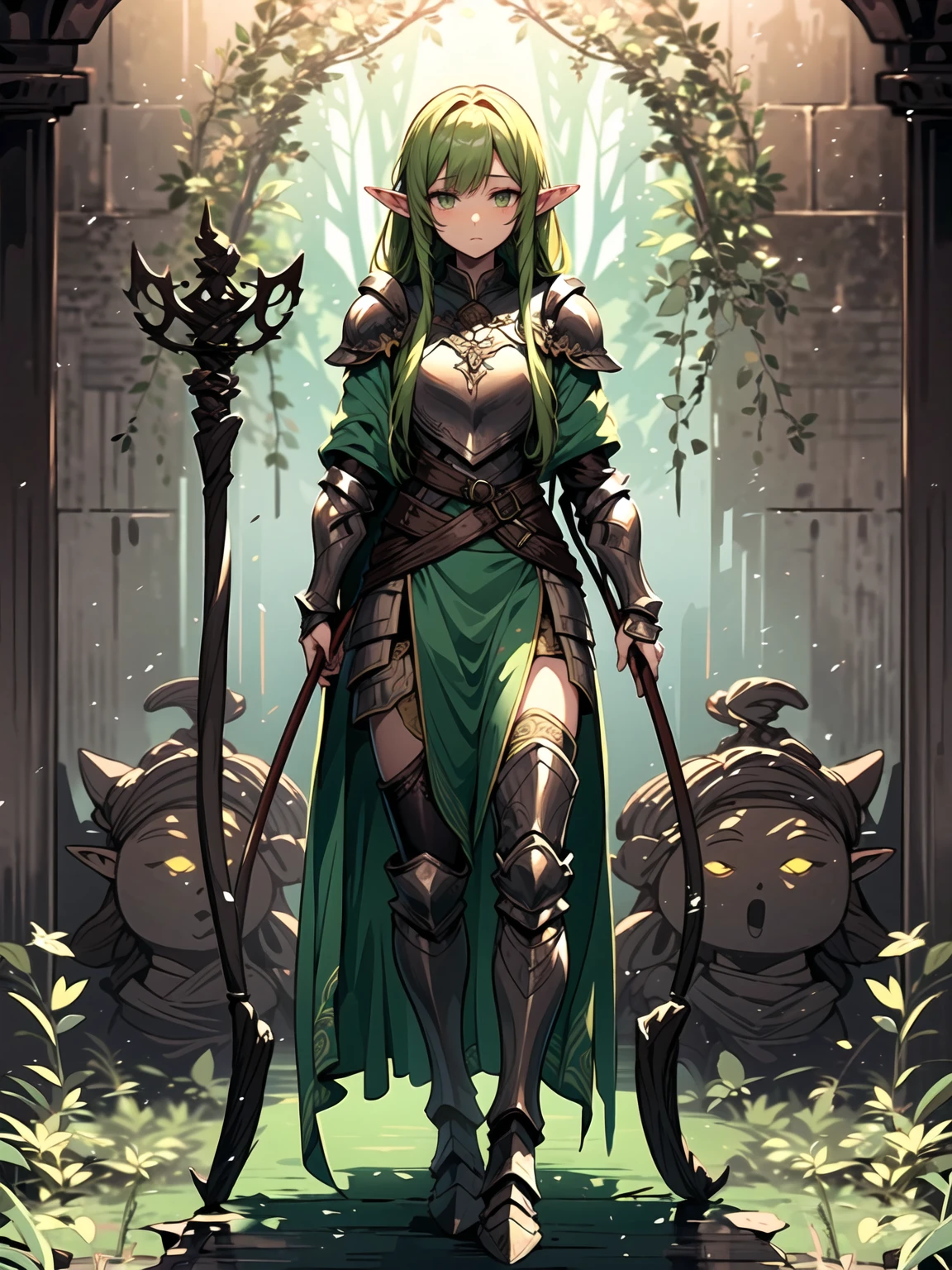 (((Masterpiece, best quality, 16k))) female character with long green hair and amber eyes. She wears an elven armor in green, silver, and white. wields a longbow with intricate carvings. The character has a calm expression, with a lush forest as the background. ((full body front view)). ((slender)), (extremely detailed:1.5), (long green hair:1.2), (amber eyes:1.2), (lush forest:1.1), (elven armor:1.3), (longbow:1.3).