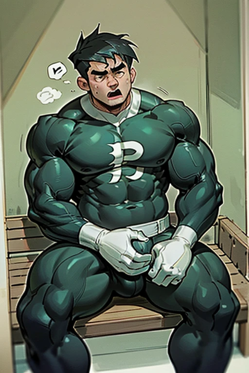 Danny Fenton surrounded by steam and hypnotic gas sitting on a wooden bench with brainwashed football jocks sitting on either side of him as he struggles not to be brainwashed as he is assimilated into their team while breathing in hypnotic gas. Turning into stereotypical football jock just like Dash Baxter. Black hair partially turned blonde. hyper muscles. Big biceps. Big triceps. Big traps. big lats. big deltoids. Big meaty pecs. Swollen hyper crotch bulge. Tenting crotch. Open mouth. Mindless blank stare. IQ drain. Dumber and dumber. big dumb jock. Jock assimilation. Hypnosis. Hypnotic trance. Brainwashing. Brainwashed. Hypnotized. Entranced. Jock assimilation. Jock conversion. Meathead. Musclehead. Brute. Bro. "Feeling ... kinda funny, like ... like my head is ... empty ... No thoughts, just ... just..... NO! Focus, Danny! I have to resist. Have to ... break free.... Have to ... have to..... I ... m-must.... I ... must...." Speaking in a dull monotone as he falls into trance. "Listen, ... repeat, ... conform, ... obey.... Coach's words...." Speaking in unison with the other jocks in the locker room. "I ... I am sweaty. ... I am horny. ... I am sexy. ... I am dumb.... I'm just a mindless.... I'm just an empty, ... stupid, ... strong jock.... We are sweaty. ... We are horny. We are sexy. ... We are dumb. We are just mindless. We are just empty, ... stupid, ... strong jocks.... Love sports ... workouts ... big muscles.... Put nerds in their place.... I am sweaty. I am horny. I am sexy. I am dumb...." Repeating over and over. Football uniform. Cleats. Shoulder pads. Jockstrap. Football team assimilation. Jock assimilation. Brain drain. Stubble on cheeks and jaw.