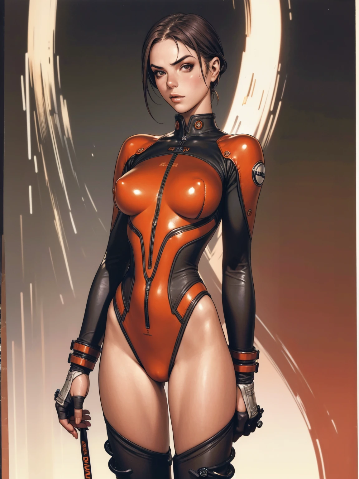 (((Annie Lennox))), ((( Diver suit ))), (((Bandaged body))), ((high collar)), (((dark red suit))), (((best qualityer: 1.4))), (Unbeatable masterpiece), (hiper HD),(CG 8k hyper-realistic), (((brave face))), (((breasts big))), (((hyper feminine))), sexly girl, Tron,(black bob hair)), ((( sculptural body ))), (((1 Kizi))), Kizi cibernética de 25 anos com perfectbody,,Beautiful and well-groomed face,muscular body:1.2,solid color detailed jacket, (Head to thigh photos), Complex equipment, green dark,Long pants,Tight clothes are dark,With white stars and off-white stripes,,,,,Armor Metal Electronic Parts, Poison tattoos ) INFO, Kizi, (((standing alone))), pirralha violent, ((())), sexly, pose de atitude, work of art, post-apocalypse, (((manga style))), bounty hunter, violent, Manic, the way you want, slenderbody, thin but strong, perfectbody, roupa moderna, advanced technology, neon, sleeves with vertical striped pattern, neutral background, (( cowboy shot )). intricate visual