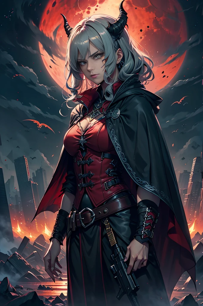 The devil may cry (series), Long black cloak, ((A red moon floats in pitch darkness)),(fly in the sky),Gray Hair、Longsword in right hand、Gun on your hip、(Red pupils)、Muscular、One、Medium Hair、Highly detailed CG synthesis 8k wallpaper, Very accurate and detailed, Very nice 8K CG wallpaper,Subtle sparkle, Realistic, Three-dimensional,Lifelike and detailed face,Beautifully detailed glass hair,