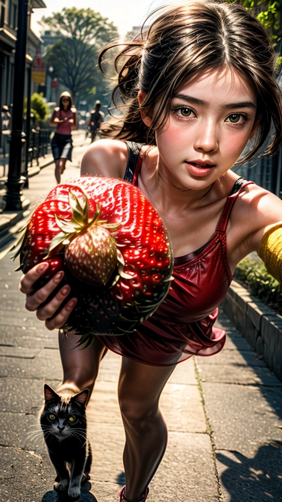 A large strawberry with a girl's face and limbs, running away from a cat before being eaten