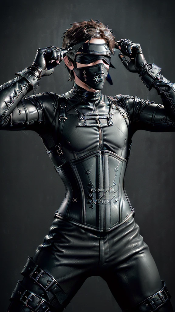 ((Final Fantasy taste reality graphics)), ((young, cute and cool ikemen boy)),,,his age is early 20s, thin eyebrows and beady eyes, ((he is wearing black shiny thin and coverall latex catsuit with front zipped up)),((catsuit is long sleeve)), ((put on black shiny and coverall full finger latex glove on both hands)),((catsuit,glove and corsets is very tight-fitting)),((black color long length race-up leather boots)),((also put on leather corset, with many belts, girth and both wrists)), ((((put on a black neck corset, vertical width is very long length and thick)))), ((cool atmosphere)),((dont show finger)),((boy is must no bare hands)),,((all clothes is smooth taxtrue)),((boy is average height and weight medium build)),(((((boy put on black leather mask,all covered from under the nose-to-chin, with leather big blindfold and multiple leather straps)))))