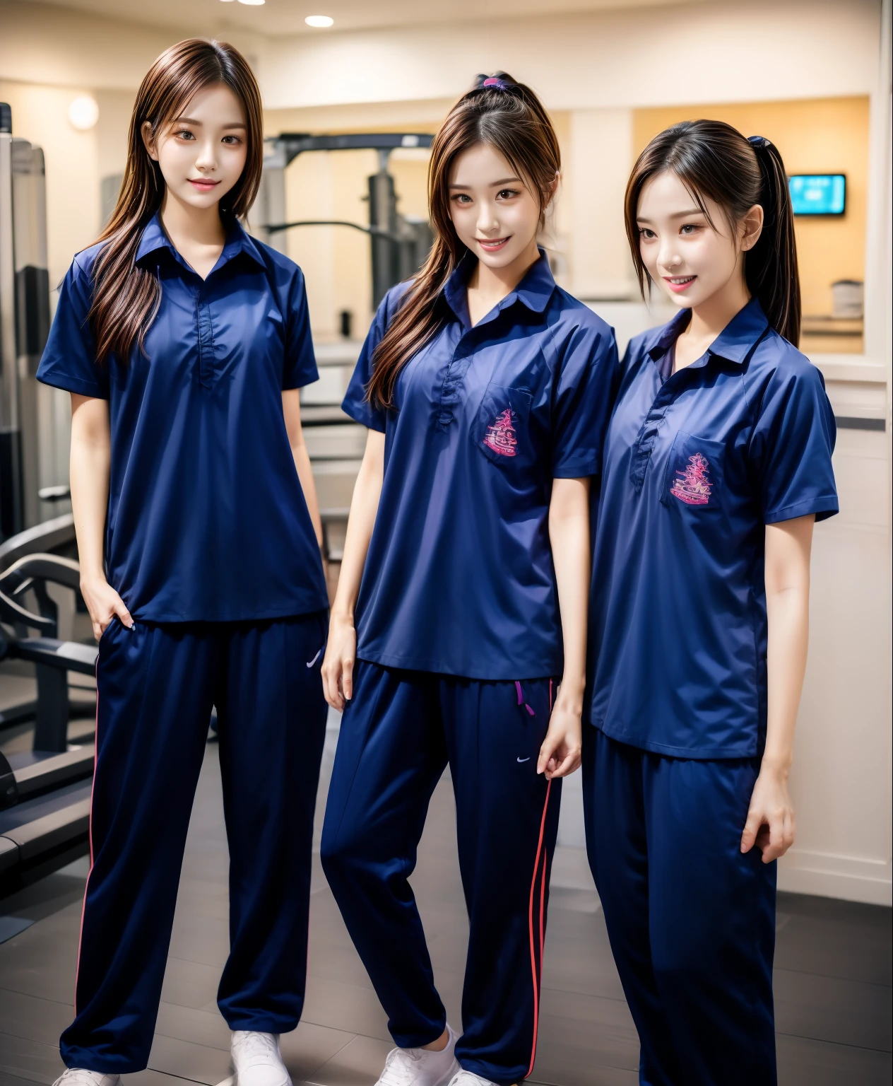 3 girls in fitness center, Navy blue short-sleeved shirt,Navy Long Trackpant,Sweatpants, Sweatpantsขายาว,25 year old girl, lesbian, sexy, exercise clothes, wet body, exercise clothes