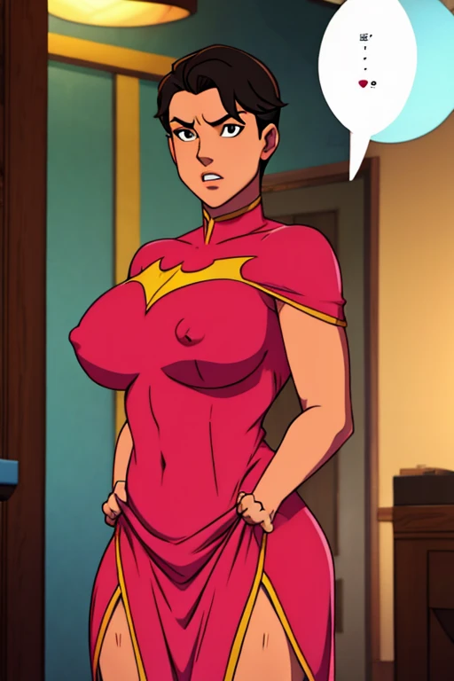Damian Wayne(aka Robin/Son-of-Batman) transformed into a female blonde bimbo with gigantic breasts with erect nipples and thick lips and is dressed in a pink dress.