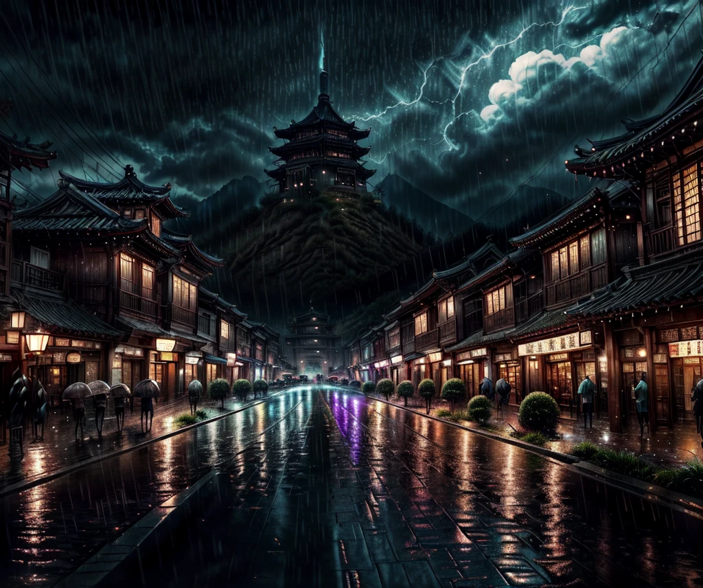 arafed view of a village with a lot of lights on the buildings, dreamy chinese town, chinese village, amazing wallpaper, japanese town, japanese village, hyper realistic photo of a town, old asian village, japanese city, by Raymond Han, rainy evening, cyberpunk chinese ancient castle, beautifully lit buildings, at evening during rain, beautiful and aesthetic, photography, cinematic, 8k, high detailed ((Heavy rain)))