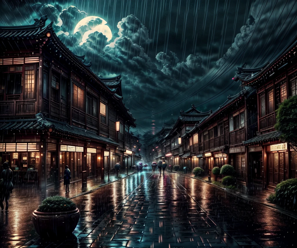 arafed view of a village with a lot of lights on the buildings, dreamy chinese town, chinese village, amazing wallpaper, japanese town, japanese village, hyper realistic photo of a town, old asian village, japanese city, by Raymond Han, rainy evening, cyberpunk chinese ancient castle, beautifully lit buildings, at evening during rain, beautiful and aesthetic, photography, cinematic, 8k, high detailed ((Heavy rain)))