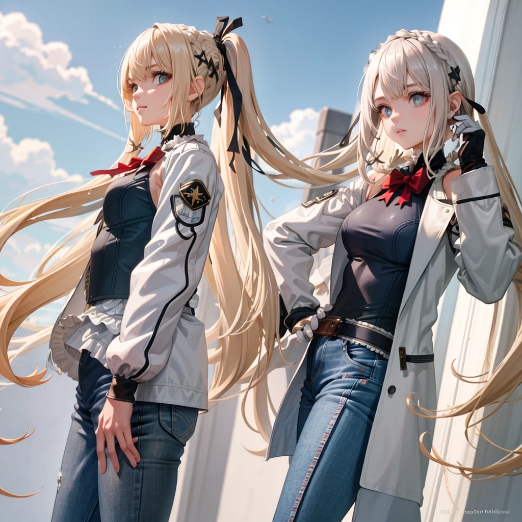 1 Girl, Medium breasts, Blonde Hair, Long hair, curls, Gray eyes, White feather wings, Angel, outdoor, White jacket, Necklace, Vest, jeans