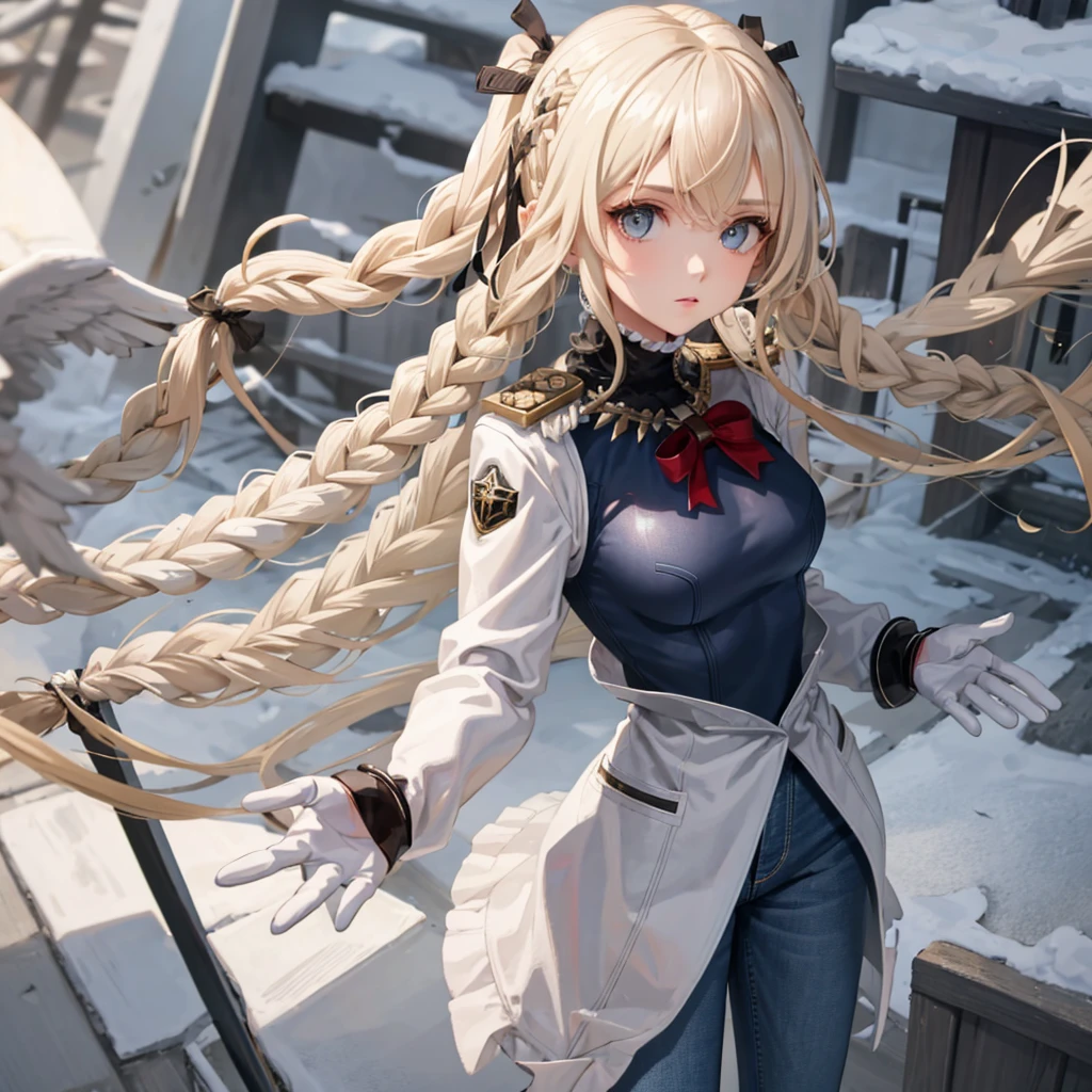 1 Girl, Medium breasts, Blonde Hair, Long hair, curls, Gray eyes, White feather wings, Angel, outdoor, White jacket, Necklace, Vest, jeans