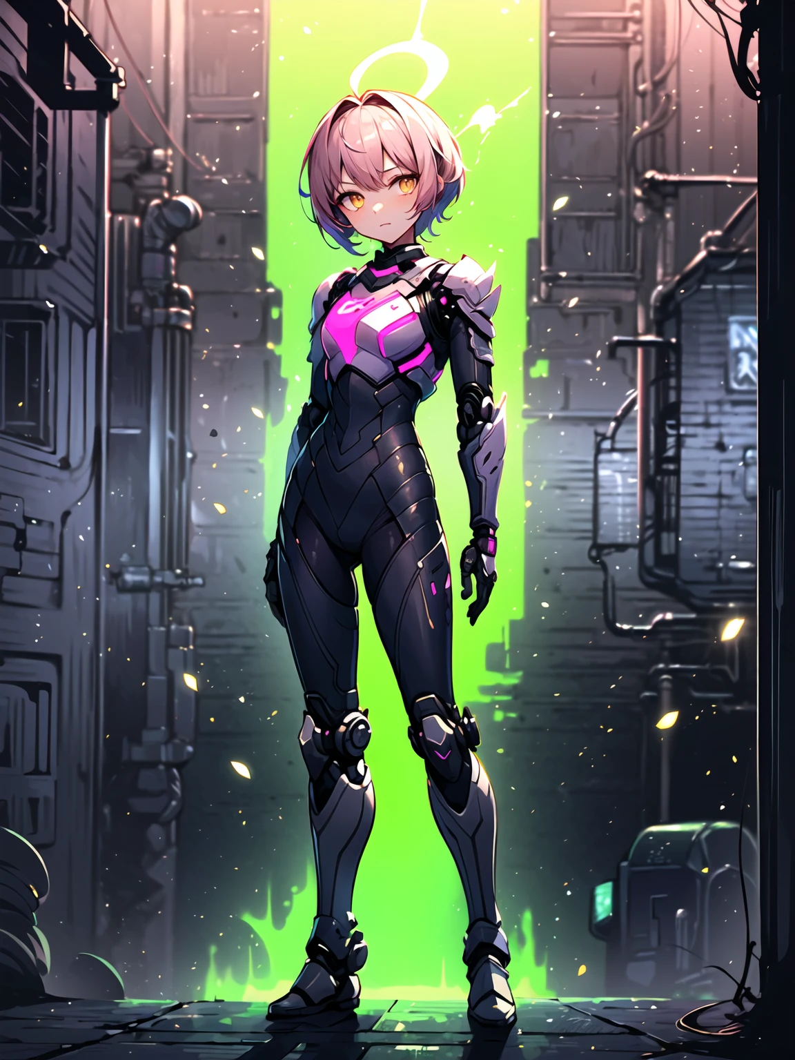 (((Masterpiece, best quality, 16k))) female character with short pink hair and golden eyes. She wears a cybernetic armor in neon green, black, and silver. wields an energy whip. The character has a playful expression, with a neon-lit street as the background. ((full body front view)). ((slender)), (extremely detailed:1.5), (short pink hair:1.2), (golden eyes:1.2), (neon-lit street:1.1), (cybernetic armor:1.3), (energy whip:1.3).