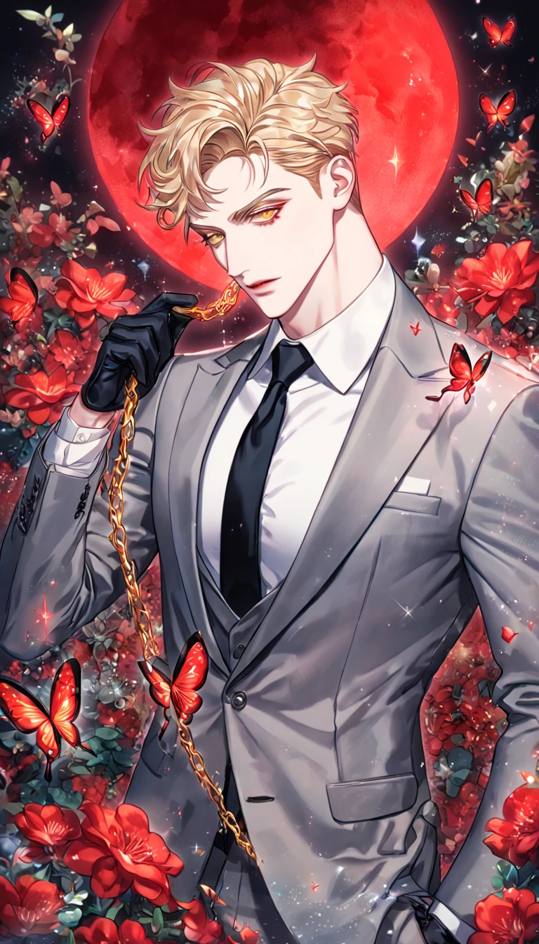 (absurdres, highres, ultra detailed, HDR) master piece, best quality, Sung Hyunjae, ash-blonde hair, expressive yellow eyes, blonde eyelashes, The S-Classes That I Raised, solo, a sexy man holding a golden chain, handsome, sensual, gray suit, black necktie, white shirt, black gloves, fantasy, magical, glittering, shining, red water, red moon, red flowers, red butterflies, garden
