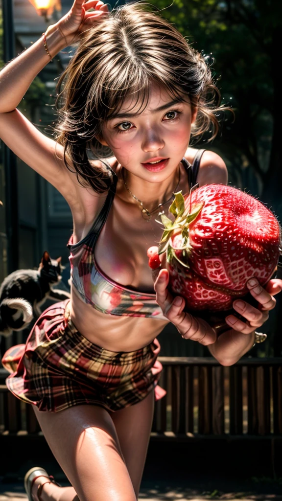 A large strawberry with a girl's face and limbs, running away from a cat before being eaten