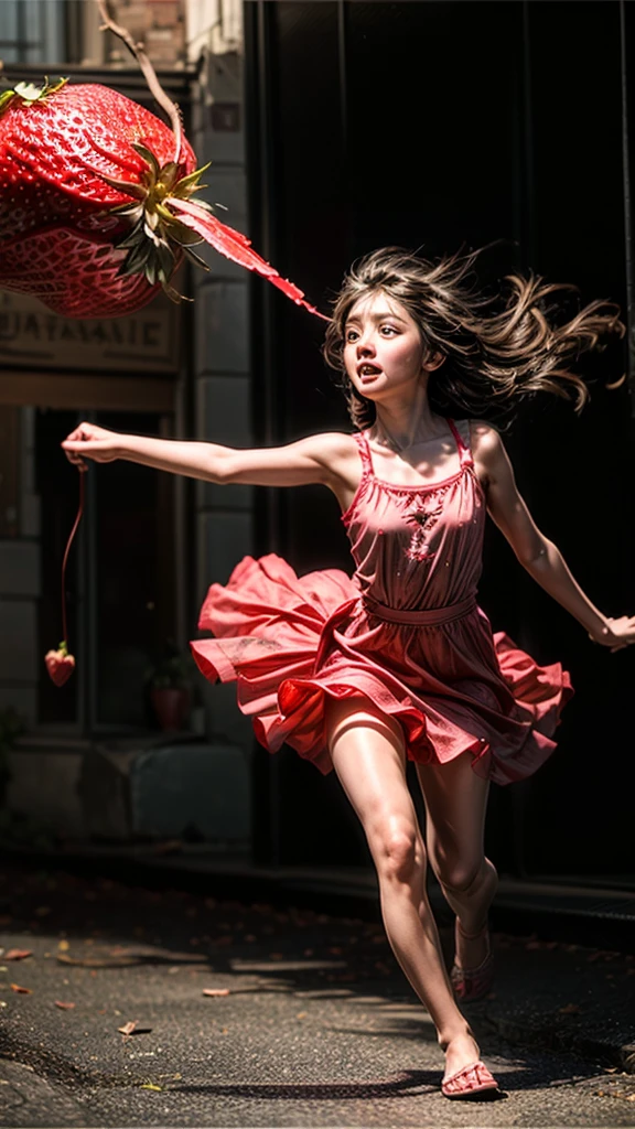 A large strawberry with a girl's face and limbs, running away from a cat before being eaten