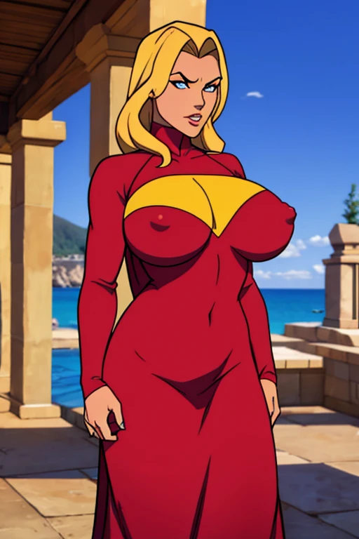 Damian Wayne(aka Robin/Son-of-Batman) transformed into a female blonde bimbo with gigantic breasts with erect nipples and thick lips and is dressed in a pink dress.