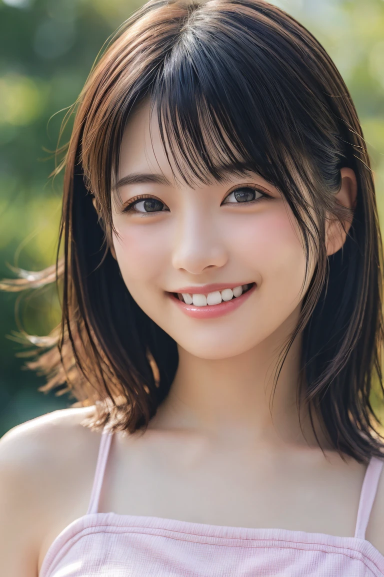 Single-lens reflex camera、Highest quality、Ultra-high resolution、(Photorealistic:1.4)、(Top quality real texture skins), 8k、Soft lighting, Japanese women、Age 25、cute、Sweat、(Detailed aspect)、A light smile、Looking into the camera、Upper Body、Pink Tank Top、sunny、((Laughing with your mouth open,Perfect Teeth,Perfect alignment of teeth,A big smile,The cutest smile:1.0)),