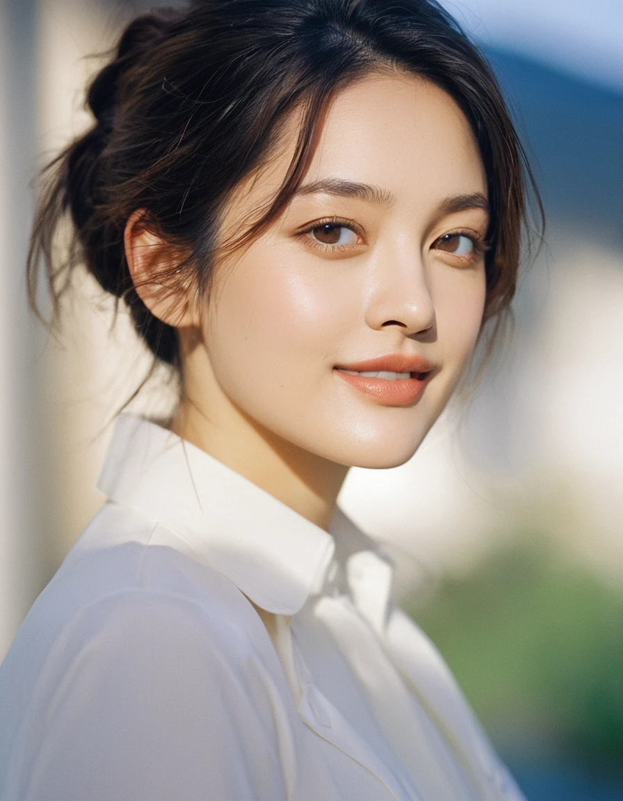 xxmixgirl, quite a bit body of a beautiful long and slender cute face Japanese girl, A gorgeous young cute asian woman in a sexy glamourous outfit, happy smiling, still from the film, ((young Marion Cotillard face : 1.2)), ((young Anne Hathaway face: 1.0)), from front, realistic portrait photo of a cute 21 years old girl, looks at viewer, wavy nose, full lips, natural skin, skin moles,(cinematic, film grain:1.1), ((asian winged eyes, very long and slender slim face, windy tousled, very long straight black hair)), pretty eyes, gorgeous, sexy, alluring, makeup, perfect face, seductive look, green hair, violet eyes, green three-quarter shirt, brown skirt, (medium breasts), (petite body:1.2), city alley, outside restaurant, taut clothing, long hair, ponytail, brown bandana, side-view, posing against wall, (masterpiece, best quality, very aesthetic, ultra detailed), intricate details, beautiful face, detailed eyes, detailed background, light from above, shiny skin, oiled skin,, (Leica SL3, Summicron-SL 75 f/2 ASPH, kodak Ektar 200 film), hands up, bokeh, silhouette, shallowed depth of field, dynamic action pose, hands up,