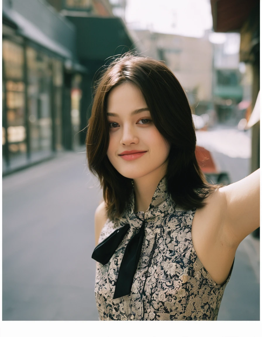 xxmixgirl, quite a bit body of a beautiful long and slender cute face Japanese girl, A gorgeous young cute asian woman in a sexy glamourous outfit, happy smiling, still from the film, ((young Marion Cotillard face : 1.2)), ((young Anne Hathaway face: 1.0)), from front, realistic portrait photo of a cute 21 years old girl, looks at viewer, wavy nose, full lips, natural skin, skin moles,(cinematic, film grain:1.1), ((asian winged eyes, very long and slender slim face, windy tousled, very long straight black hair)), pretty eyes, gorgeous, sexy, alluring, makeup, perfect face, seductive look, green hair, violet eyes, green three-quarter shirt, brown skirt, (medium breasts), (petite body:1.2), city alley, outside restaurant, taut clothing, long hair, ponytail, brown bandana, side-view, posing against wall, (masterpiece, best quality, very aesthetic, ultra detailed), intricate details, beautiful face, detailed eyes, detailed background, light from above, shiny skin, oiled skin,, (Leica SL3, Summicron-SL 75 f/2 ASPH, kodak Ektar 200 film), hands up, bokeh, silhouette, shallowed depth of field, dynamic action pose, hands up,