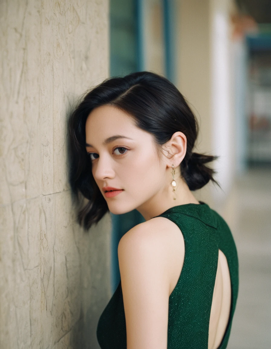 xxmixgirl, quite a bit body of a beautiful long and slender cute face Japanese girl, A gorgeous young cute asian woman in a sexy glamourous outfit, happy smiling, still from the film, ((young Marion Cotillard face : 1.2)), ((young Anne Hathaway face: 1.0)), from front, realistic portrait photo of a cute 21 years old girl, looks at viewer, wavy nose, full lips, natural skin, skin moles,(cinematic, film grain:1.1), ((asian winged eyes, very long and slender slim face, windy tousled, very long straight black hair)), pretty eyes, gorgeous, sexy, alluring, makeup, perfect face, seductive look, green hair, violet eyes, green three-quarter shirt, brown skirt, (medium breasts), (petite body:1.2), city alley, outside restaurant, taut clothing, long hair, ponytail, brown bandana, side-view, posing against wall, (masterpiece, best quality, very aesthetic, ultra detailed), intricate details, beautiful face, detailed eyes, detailed background, light from above, shiny skin, oiled skin,, (Leica SL3, Summicron-SL 75 f/2 ASPH, kodak Ektar 200 film), hands up, bokeh, silhouette, shallowed depth of field, dynamic action pose, hands up,