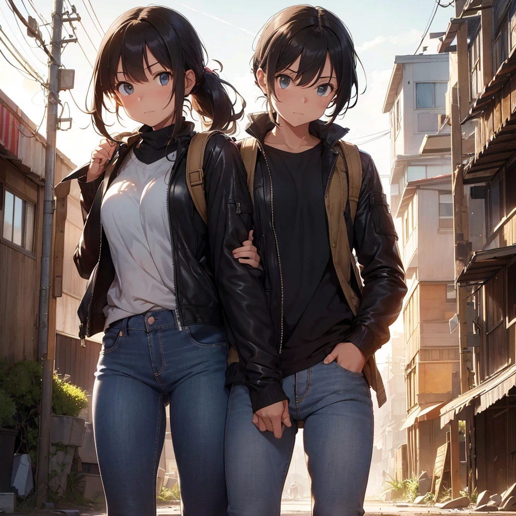 A 30-year-old man, tall and athletic, with short dark brown hair and gray eyes, wears a worn dark leather jacket, a gray shirt, and tactical pants. He stands protectively with an arm around a 14-year-old girl of slender build, with long blonde hair tied in a ponytail and large blue eyes, wearing a simple outfit of a light jacket and worn jeans. The man looks protective and determined, while the girl leans into him, showing trust and gratitude. Set in a post-apocalyptic environment with ruined buildings and small plants growing among the debris. The sky is cloudy, with sun rays breaking through, softly illuminating the scene. The atmosphere conveys protection and care, with a backpack on the ground suggesting their shared struggle. Realistic art style, with warm, earthy colors emphasizing the emotional connection. Soft, warm lighting highlights the intimate moment, with shadows adding depth to the bond between them.