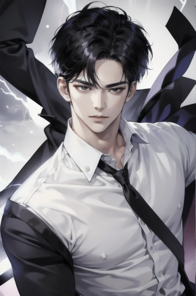 Handsome man wearing white shirt, portrait, manhwa style, black hair, black eyes, cool, dramatic Lightning, party
