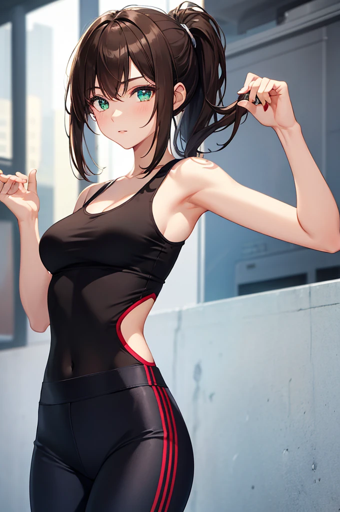 1girl, solo, cowboy shot, facing viewer, medium hair, ponytail, sidelocks, brown hair, (finely detailed beautiful eyes: 1.2), green eyes, toned, medium breasts, {{black top}}, [[red top]], tank top, {{black pants}}, [[red pants]], tight sport pants,
