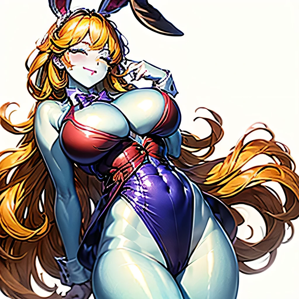 ((masterpiece,best quality,ultra-delicate,Perfect Face,16k,high resolution,very beautiful woman)),(blue skin:1.2,red sleeveless jacket), purple panties,bunny ears,large breasts,purple bowtie,gold long hair,smile,standing