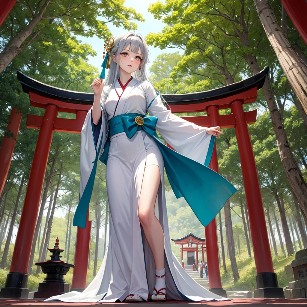 ((Highest quality)), ((masterpiece)), (detailed), Multiple Girls, Panorama、Amazing visuals、A shrine and a vermilion torii gate in the background、Fushimi Inari Shrine、The sea and pine forest can be seen in the background.、Mystical Priestess、A fairy-like shrine maiden、Long and beautiful silver hair、Delicate use of colour、A rich expression、Shrine maiden dancing Kagura dance、Offer a prayer、Golden Eyes、Iridescent iris、Girl Shrine Maiden、Angel's Ladder to Illuminate the Girl