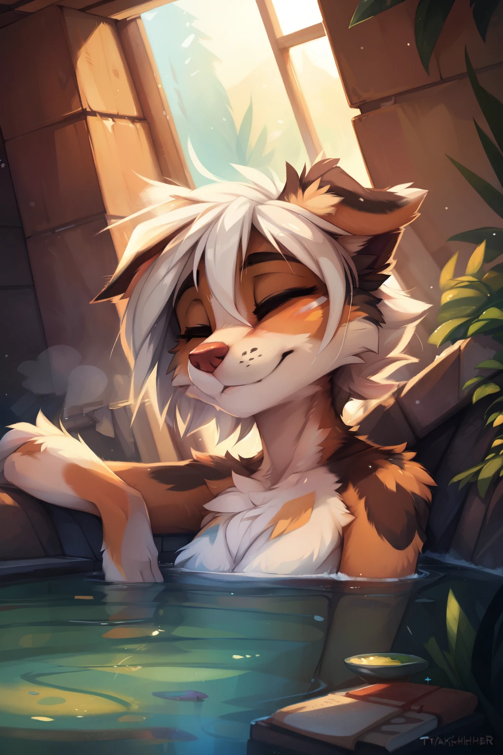 High quality, 8K, by kenket, by swaybat, by reysi, by Zackary911, by hyattlen, by teranen, by fumiko, by Pixelsketcher, by Bayard Wu, by Einshelm, by Kilinah, by Hioshiru, by fluff-kevlar, by Dimwitdog, Furry, Anthro, solo, ((australian shepard)), ((female)), ((young)), fluffy tail, slender, ((short white hair)), chest fluff, short, breasts, ancient greek bath house, misty atmosphere, face close up, body Underwater, eyes closed, relaxing, mouth open, head leaning back, dutch angle, (visible breath, sigh, exhale,)