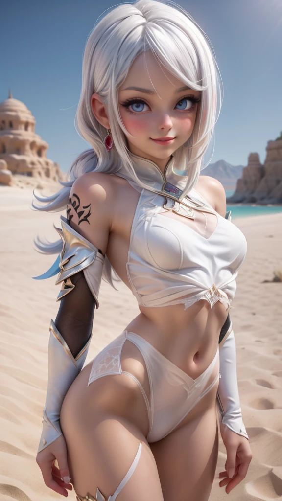 ariel, upper body portrait, white hair, beautiful, cute arabian transparent Langerie, warrior, midriff, fit, white hair, desert background, realistic fantasy ,concept art, sexy, excited, gorgeous face,fully body, breasts small, smooth skin, Medium pink mouth, Linda, naturals .Transparent silk on clothes, 80% of the uncovered body,Cheeky smile.,Well-defined lips.