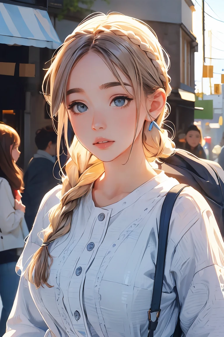 See your viewers,leaning forward,open your mouth、chest bag、(cute clothes),(breasts big),(Beautiful braided hairstyles),(best quality image, (8k), ultra-realistic, 最high qualiy, high qualiy, high resolution, high qualiyの質感, attention to the details, Beautiful Details, fine-details, highly detailed CG, detailed texture, realistic facial expressions, work of art, in front)
