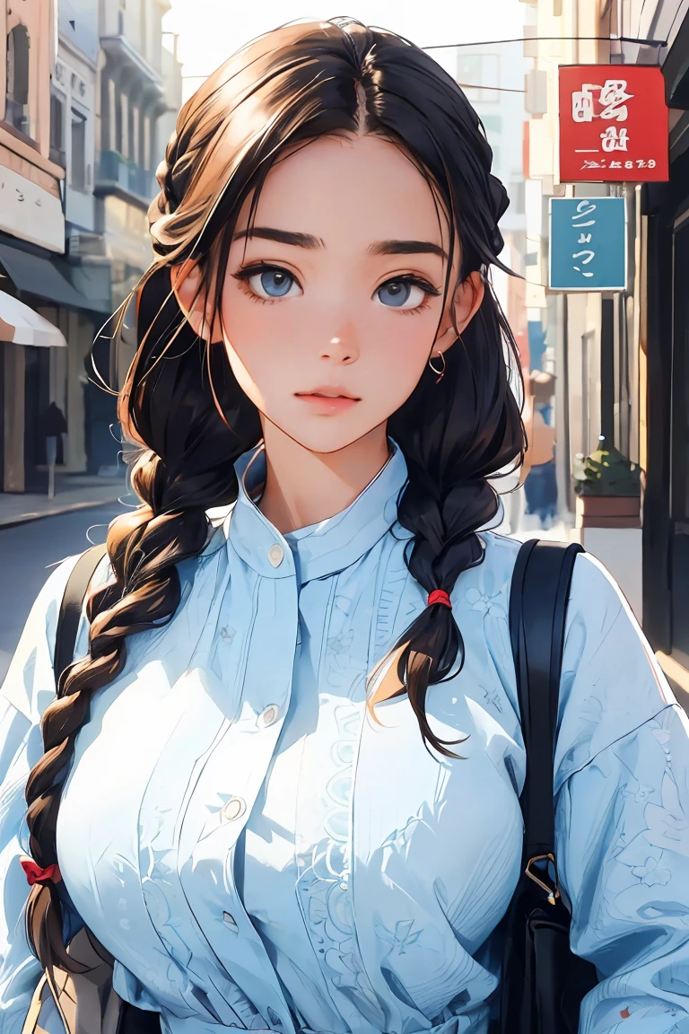 See your viewers,leaning forward,open your mouth、chest bag、(cute clothes),(breasts big),(Beautiful braided hairstyles),(best quality image, (8k), ultra-realistic, 最high qualiy, high qualiy, high resolution, high qualiyの質感, attention to the details, Beautiful Details, fine-details, highly detailed CG, detailed texture, realistic facial expressions, work of art, in front)
