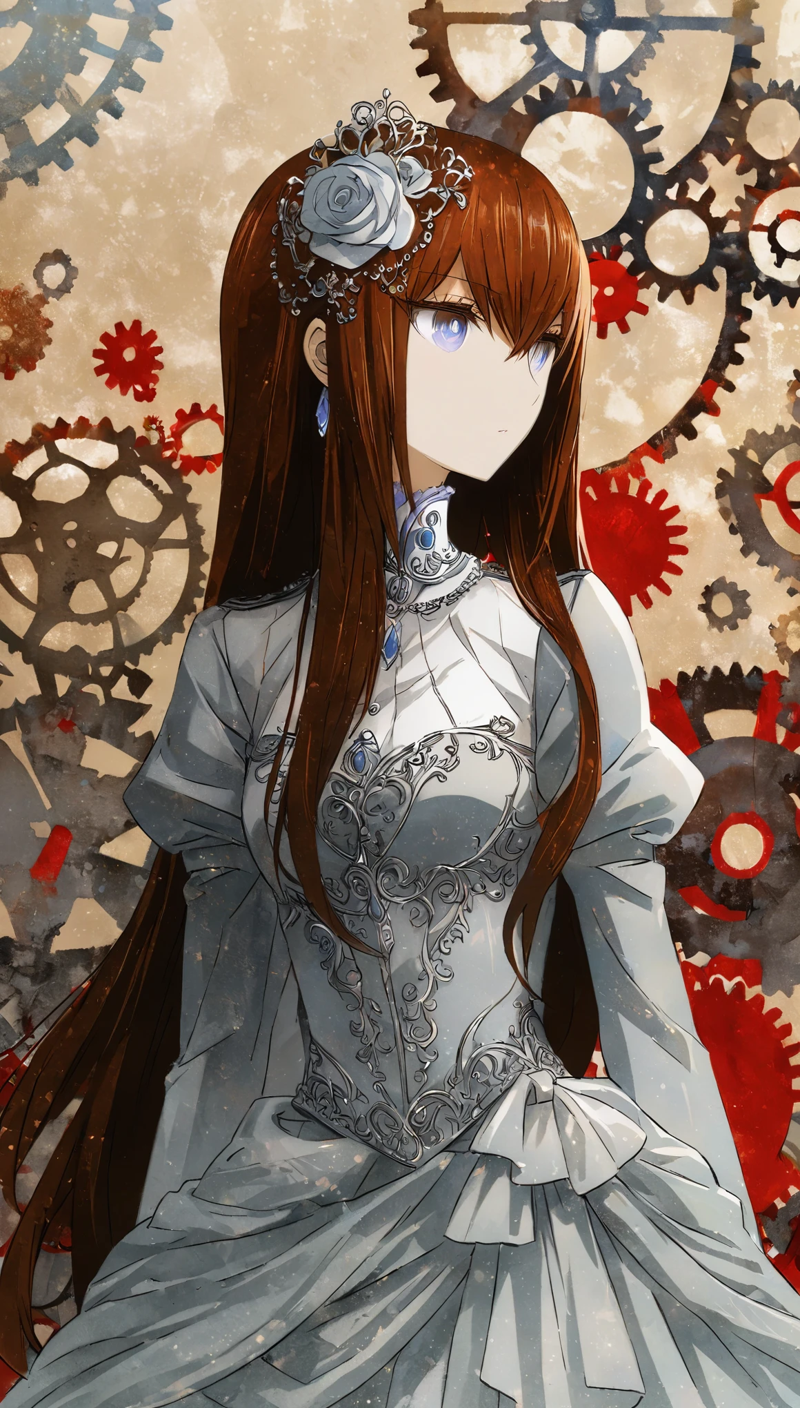 One girl, makise kurisu, Stein;Gate,High resolution RAW color art, animation,Sculpture, Silver Marble Skin, (((Highly detailed elegant))), Magical atmosphere, (Detailed skin, texture (Exquisitely crafted, The finer details, Ultra-detailed), Crimson moonlight, Depth of written boundary, Bokeh, Silky to the touch, Beautiful Eyes, (Castle of Darkness, Gears background with gears lined up), Hyper Detail, Matte Drawing, Recall
