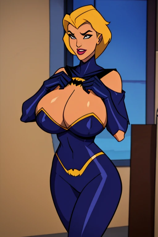 Batman transformed into a docile sexy female bimbo with huge breasts and thick lips