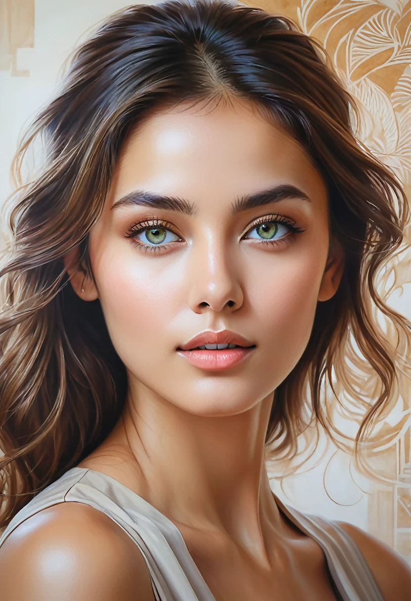 A skillfully rendered portrait of a captivating office mate, with a divine aura surrounding her. Her beauty is emphasized through the intricate details of her features, including her enchanting eyes, subtle scent, graceful gestures, and flawless skin that appears almost goddess-like. The background of the drawing is a soft, abstract representation of the office space, with a hint of natural light streaming in, highlighting her ethereal presence.