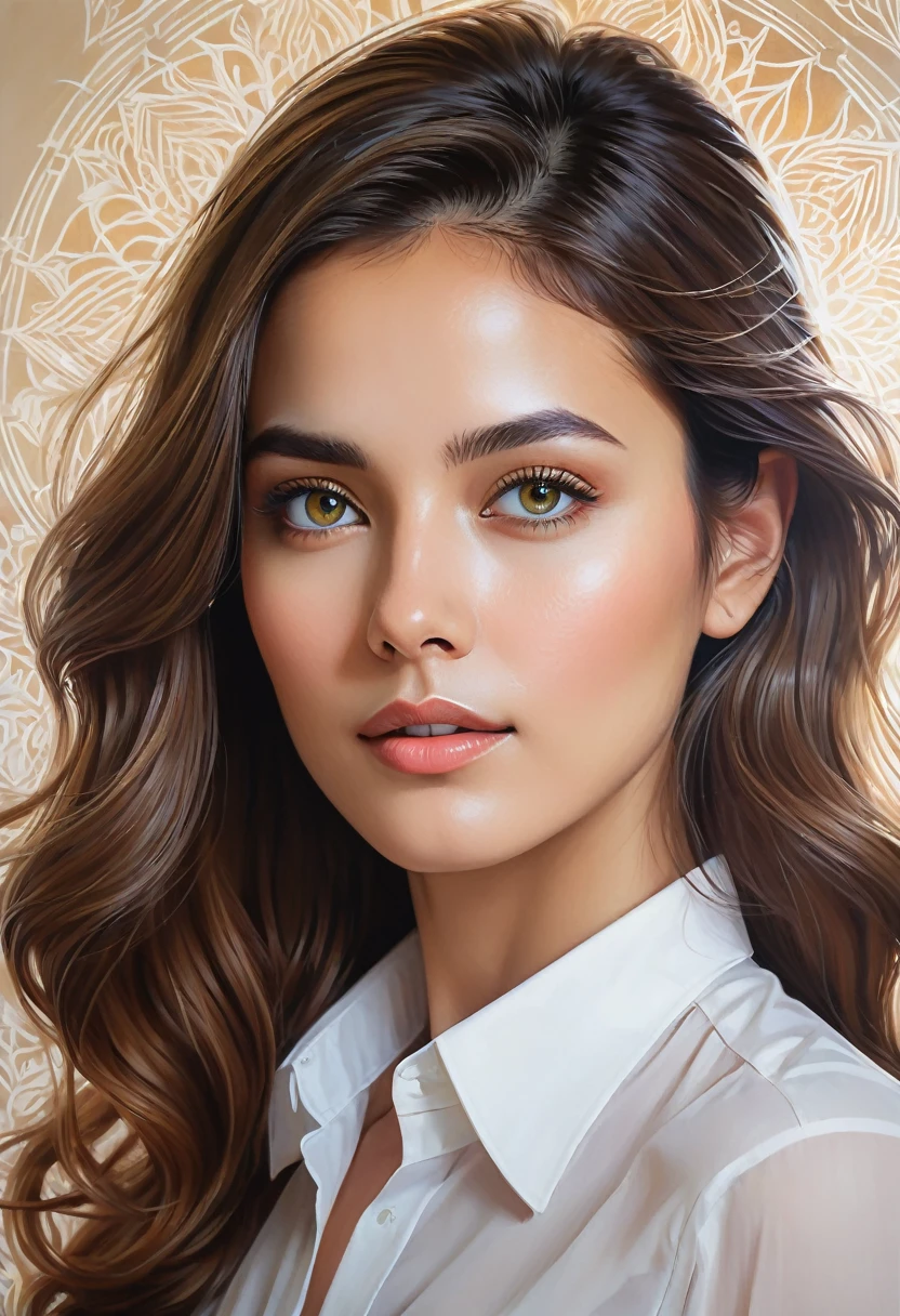 A skillfully rendered portrait of a captivating office mate, with a divine aura surrounding her. Her beauty is emphasized through the intricate details of her features, including her enchanting eyes, subtle scent, graceful gestures, and flawless skin that appears almost goddess-like. The background of the drawing is a soft, abstract representation of the office space, with a hint of natural light streaming in, highlighting her ethereal presence.