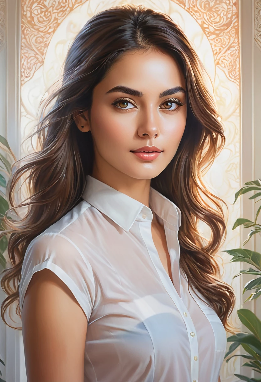 A skillfully rendered portrait of a captivating office mate, with a divine aura surrounding her. Her beauty is emphasized through the intricate details of her features, including her enchanting eyes, subtle scent, graceful gestures, and flawless skin that appears almost goddess-like. The background of the drawing is a soft, abstract representation of the office space, with a hint of natural light streaming in, highlighting her ethereal presence.