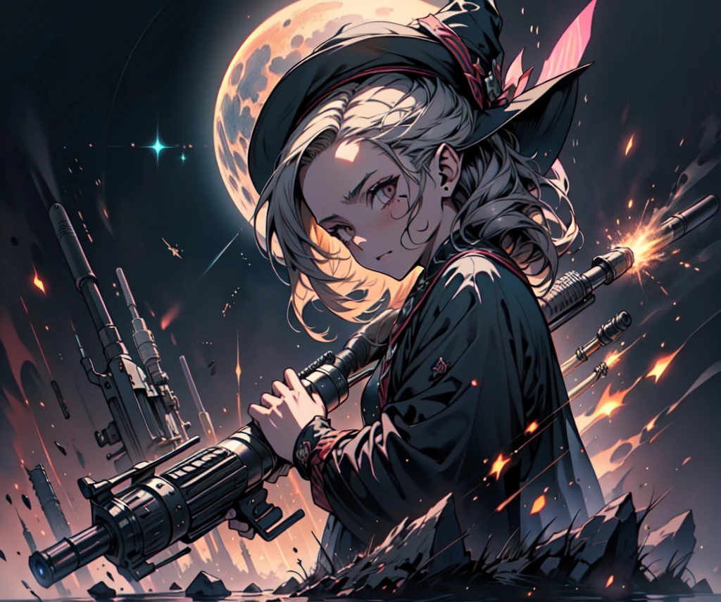 (very detailed 8k wallpaper), medium shot of a loli necromancer, particle lighting, high detail, dramatic, gatling gun in hand, clean background, with wizard hat on, background top weapon removed