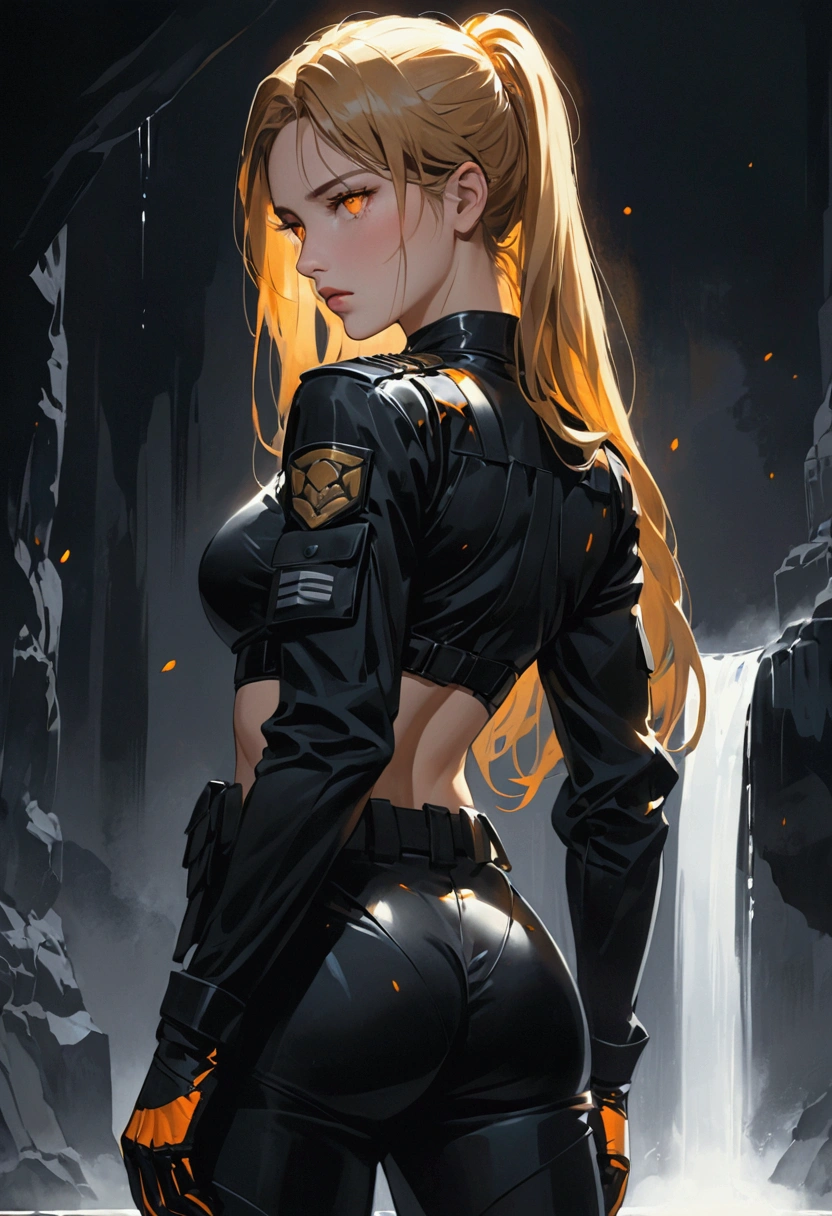 ((best quality)), ((artwork)), In a dimly lit, dark room, a  woman with Greek features stands out. Her dark blonde hair cascades down her back like a waterfall of moonlight, and her full lips are pressed into a firm line, giving away nothing. Her light yellow and orange luminescent eyes seem to glow in the darkness, their intensity piercing despite her withdrawn demeanor. She's dressed in a black tactical uniform, its utilitarian design contrasting with her apathetic expression. As she stands, her toned physique appears both powerful and contained, reflecting her reputation for being very dedicated to her mission.