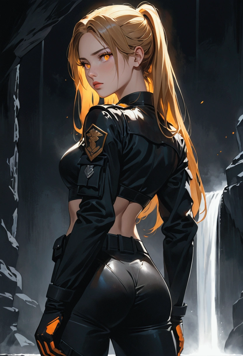((best quality)), ((artwork)), In a dimly lit, dark room, a woman with Greek features stands out. Her dark blonde hair cascades down her back like a waterfall of moonlight, and her full lips are pressed into a firm line, giving away nothing. Her light yellow and orange luminescent eyes seem to glow in the darkness, their intensity piercing despite her withdrawn demeanor. She's dressed in a black tactical uniform, its utilitarian design contrasting with her apathetic expression. As she stands, her toned physique appears both powerful and contained, reflecting her reputation for being very dedicated to her mission.
