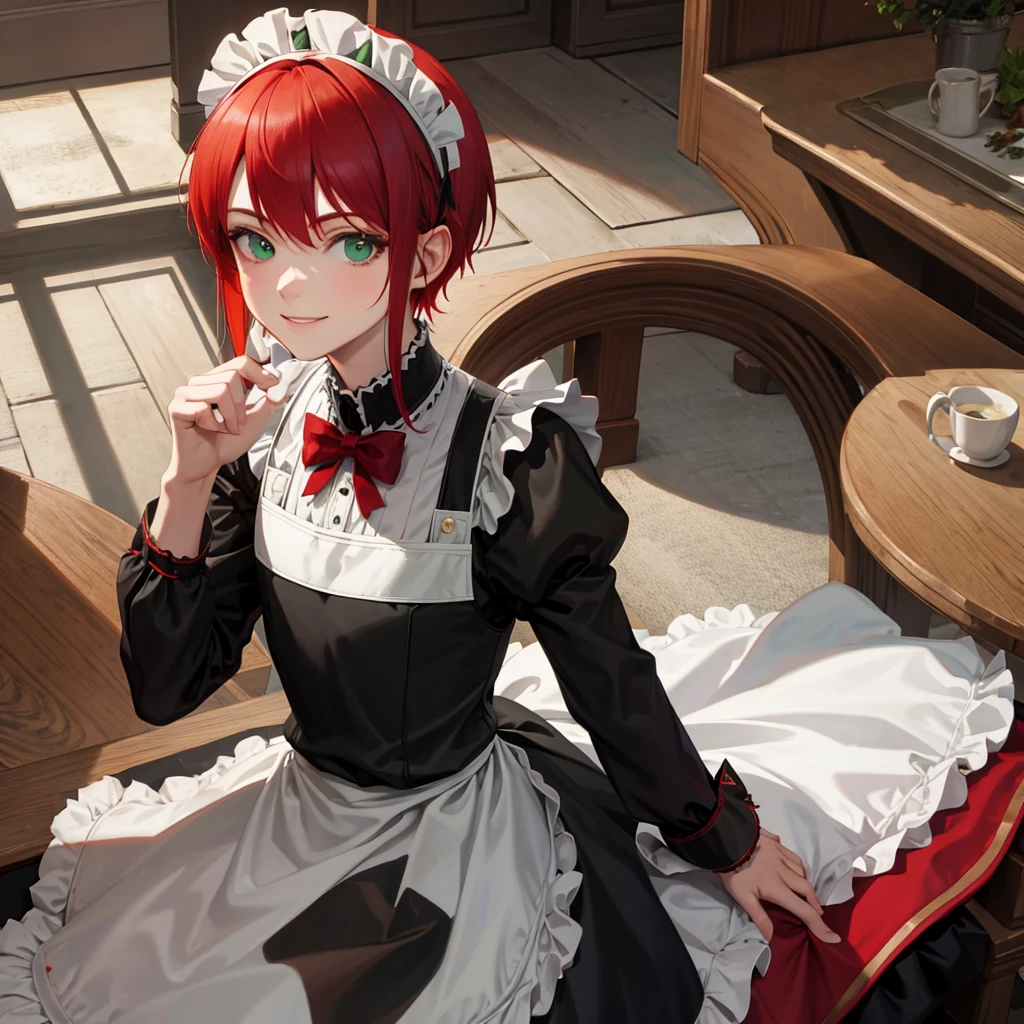 best quality, masterpiece, Solitary, 1 boy,  Smile,Red hair, maid, maid apron, maid headdress, Green Eyes,