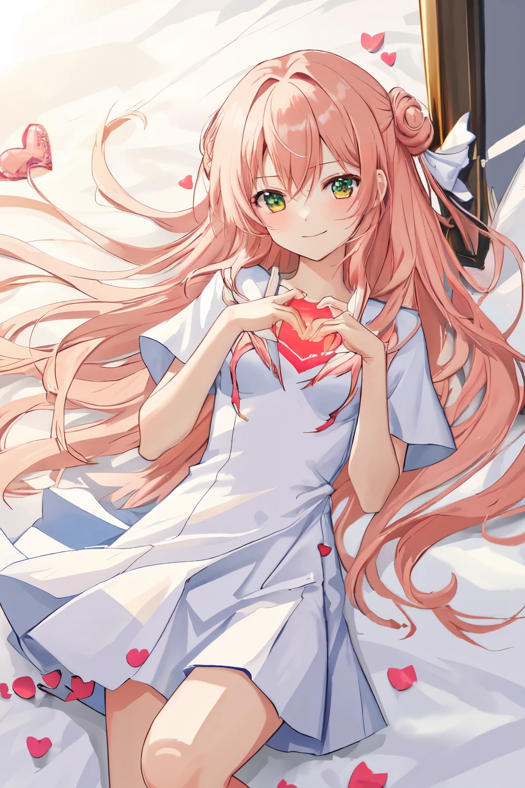 1_girl, (anime, kawai:2), (masterpeice, best_quality, clean:1.5), (sky_background:1.2), (cute, cute_smile, wholesome, young:2), (delicate, extremely_delicate, beautiful, thin:1.8), (girlfriend, angel:2), (green_eyes, simple_eyes:1.8) (long_hair, blond_hair:1.8), (combat:1.2), (wearing_pink_dress, pink_angel_wings:1.6), (tease, combat:1.2), extremely_delicate, (love_magic:1.5), (age_size_fits_body), (small_thighs:1.3), (breasts), (eye_level:1.3), (heart_magic, love:1.8), (warm:1.8), (folded_legs:1.5), (cheerful:1.3)