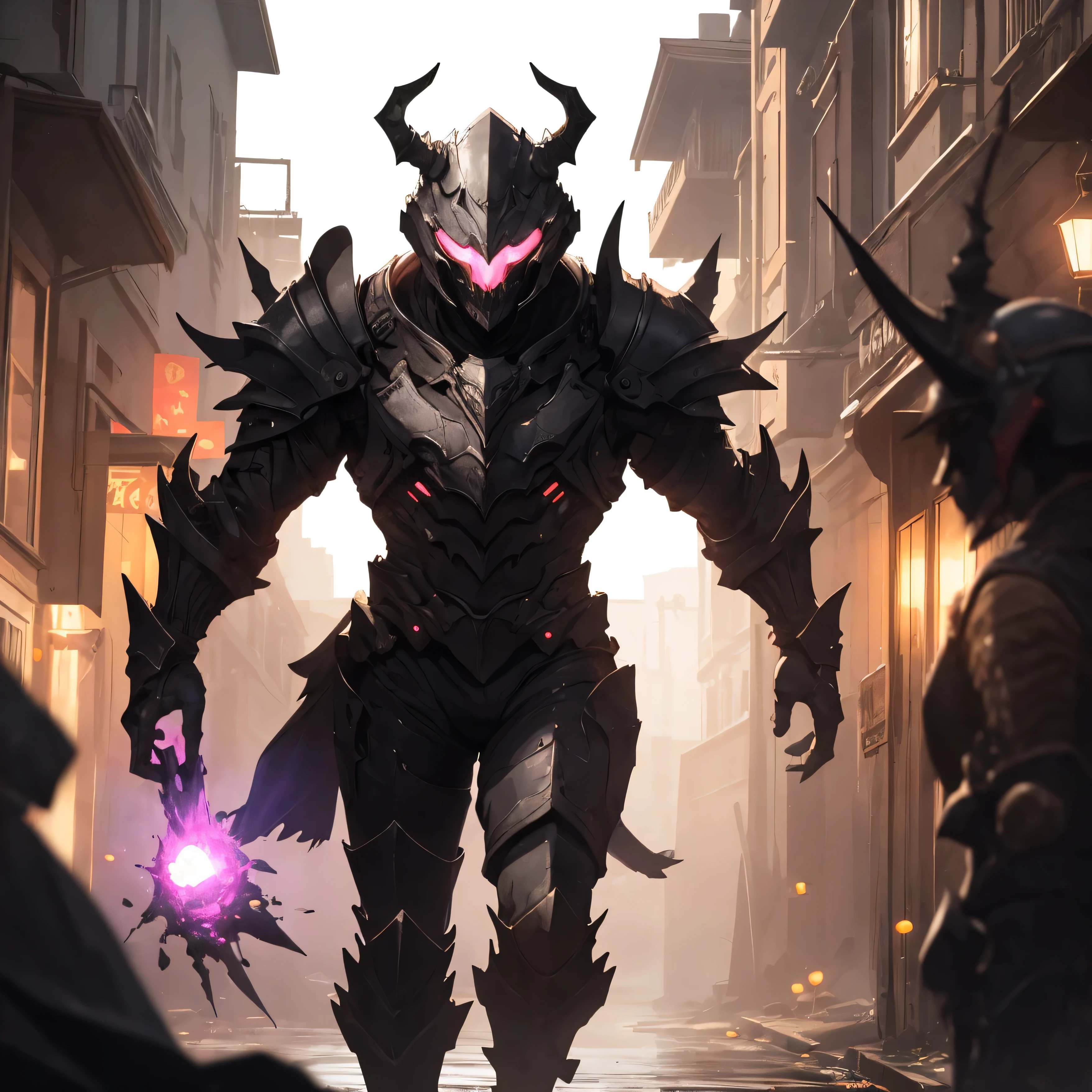 monster, female, black armor, helmet with horns, pink light glowing, cape, outdoors, village, walking
